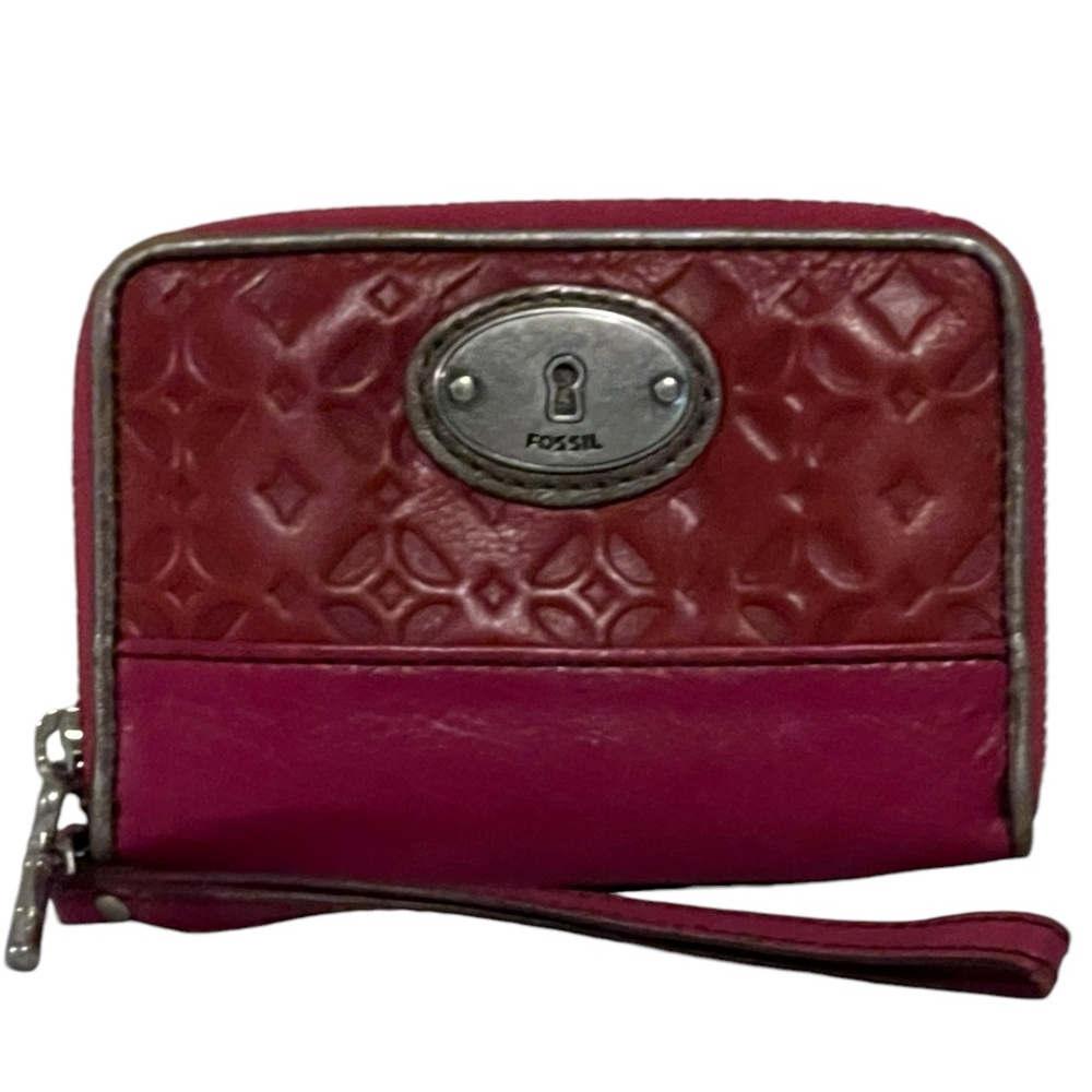 FOSSIL Multi Zip Around Embossed Leather Wristlet Wallet Red/Pink